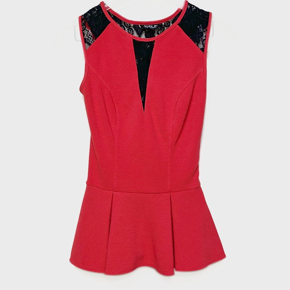 Coral Red Peplum with Black Lace Detail by Allen B